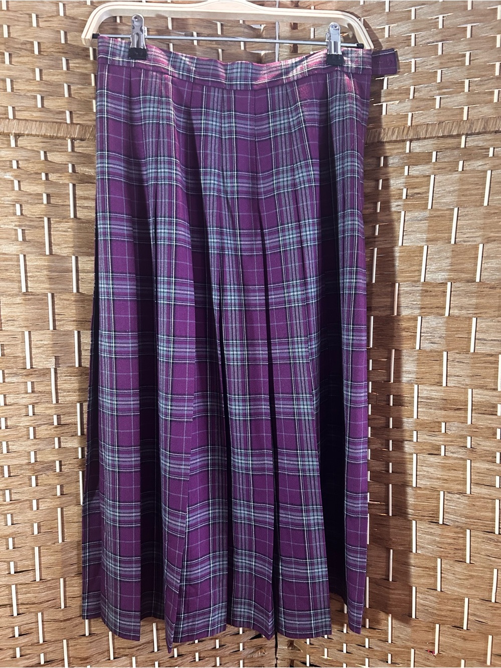 📓Vintage Plaid Wool Midi Skirt Pleated A-Line Purple NWT USA Made Petite 8